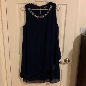 SLNY Navy dress, beaded neck detail
